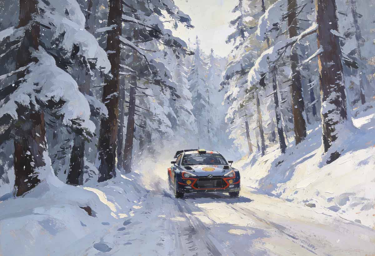 Ilustración de un coche de rally circulando por un tramo nevado entre árboles